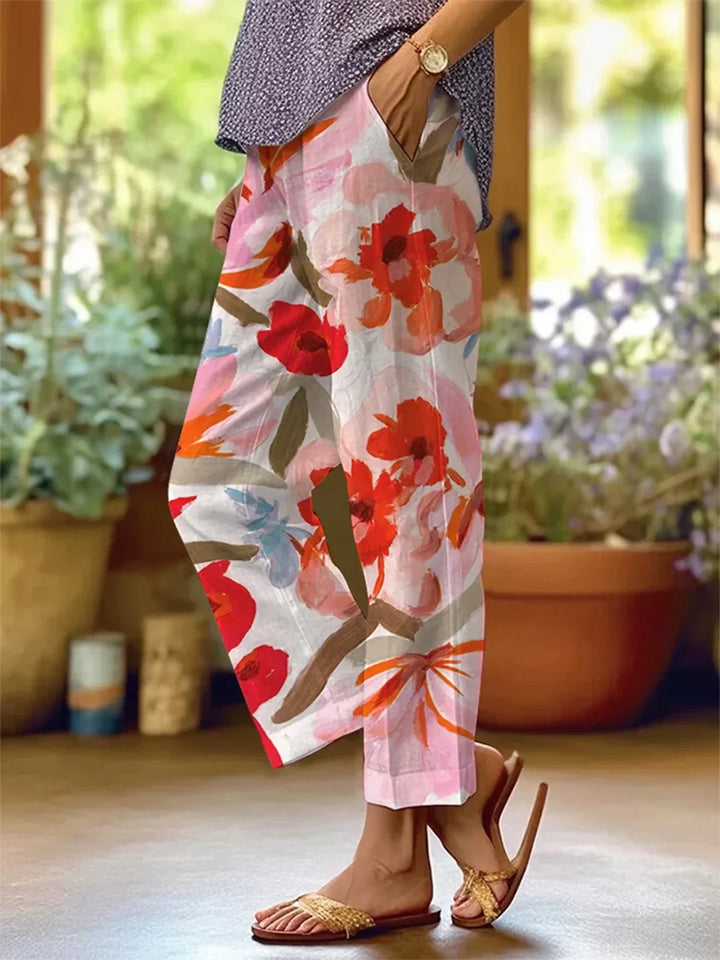 Eleganckie spodnie damskie z kwiatowym wzorem zapewniające stylowy wygląd
