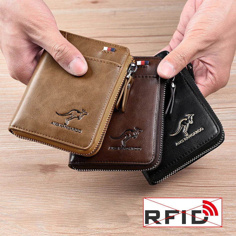 Elegancki portfel męski z ochroną RFID wykonany z wysokiej jakości skóry z bezpiecznym zapięciem na zamek błyskawiczny