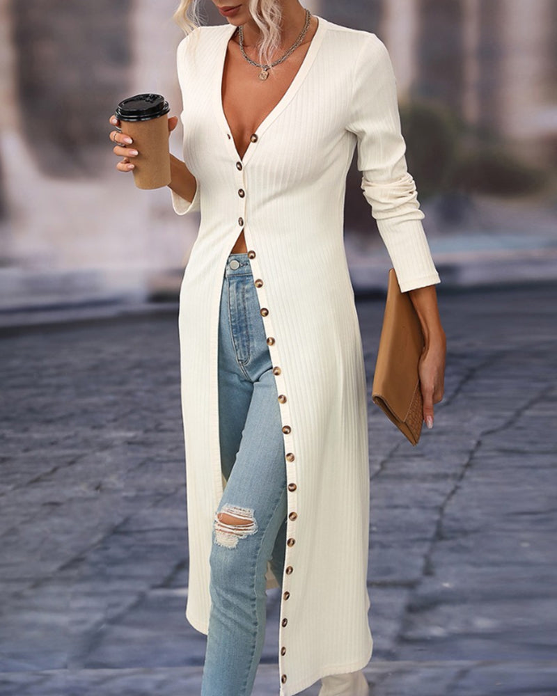 Elegancki długi kardigan z guzikami dla kobiet - idealny do stylowych jesiennych i zimowych stylizacji